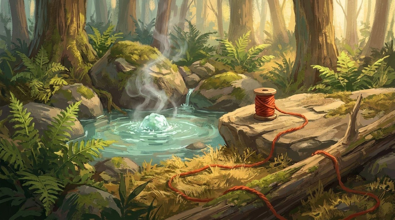 A small spring bubbling up between mossy rocks and ferns, with a spool of red wool on a dry rock beside it and the yarn trailing away into the forest